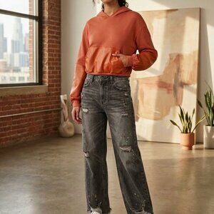 Noli Women’s Hoodie Faux Leather Trim Rust Cropped Sz Medium Grunge Streetwear